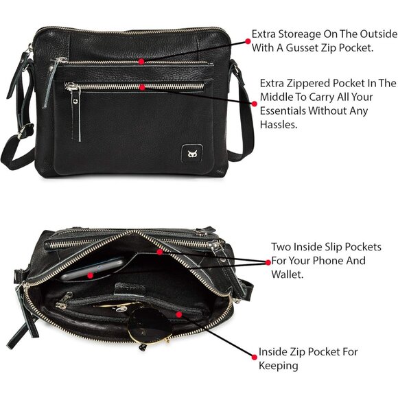 🆕Women Black Nappa Leather Crossbody Handbag Sling Shoulder Bag – Soft Pebbled - Picture 3 of 5